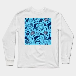 Ocean Creatures Pattern - Blue Long Sleeve T-Shirt